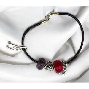 Music Note Charm Bracelet Silver Tone with Faux Leather Rope Family Purple Red